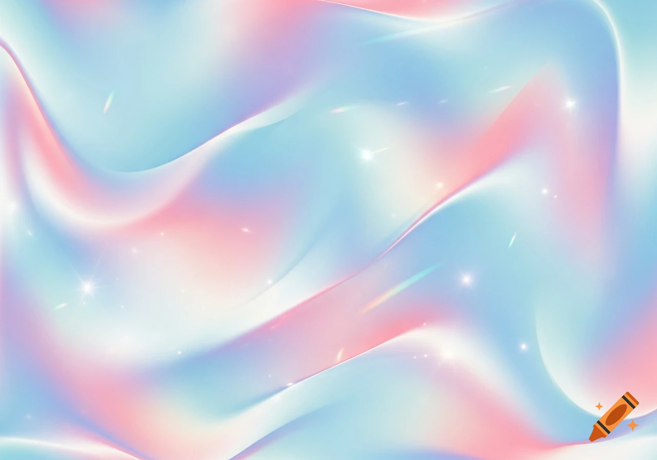 Abstract holographic background with flowing pastel shades of blue, pink, and purple, featuring shimmering light effects.