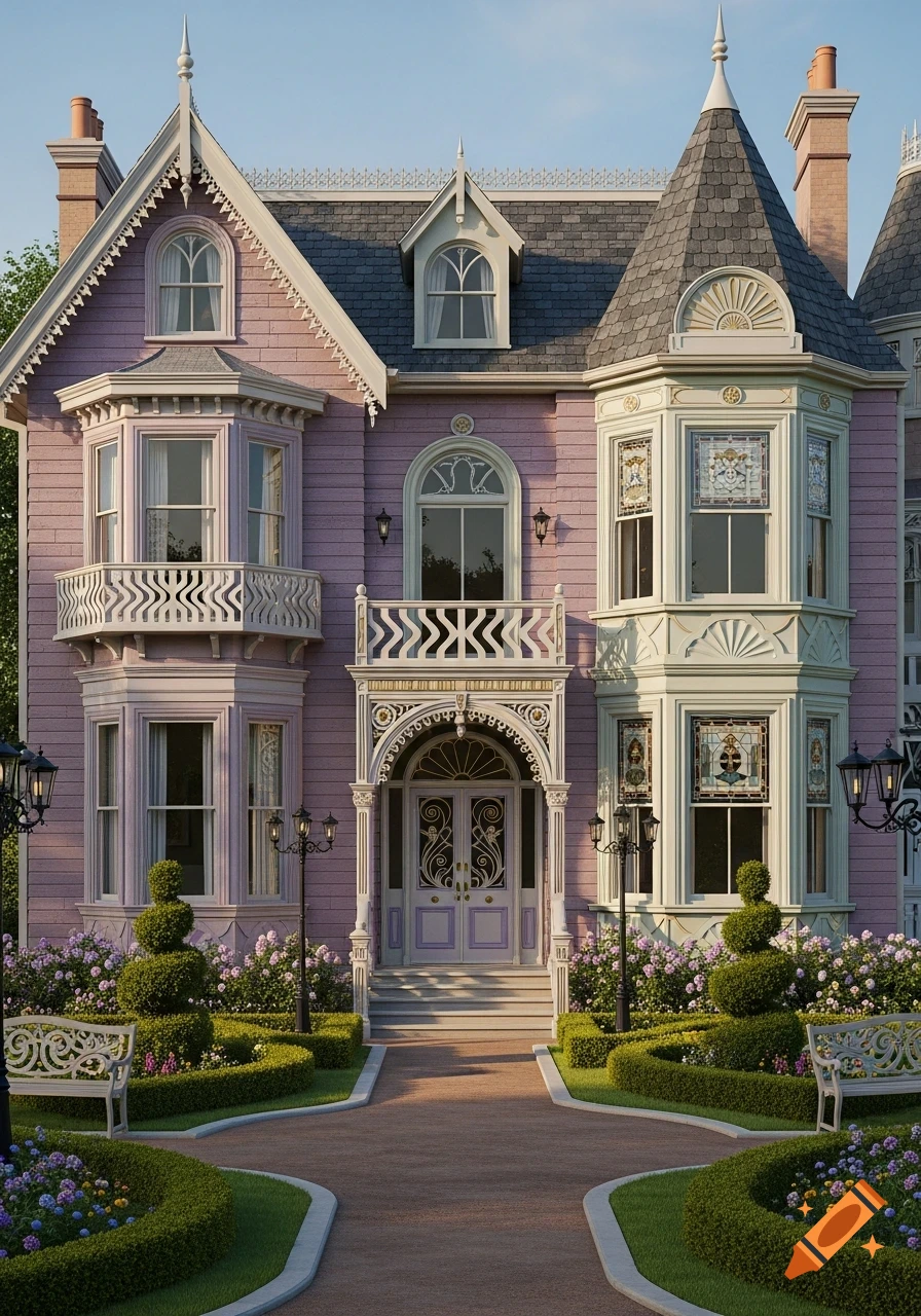 A whimsical pink Victorian house with Art Deco details, turrets, bay windows, intricate balustrades, and a manicured garden under dreamy golden-hour light.