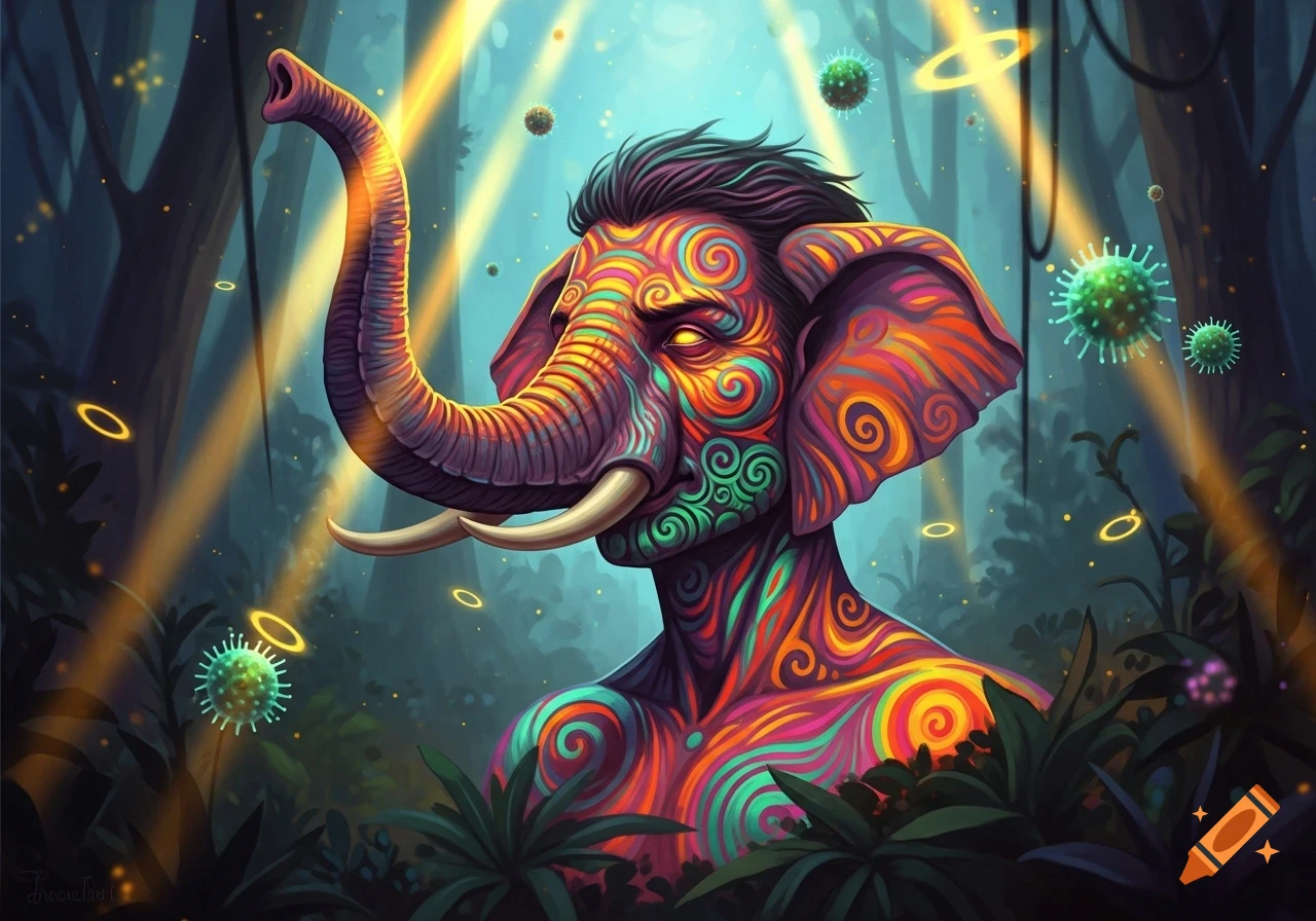 A vibrant, psychedelic elephant-man with swirling patterns and glowing eyes, trunk raised in a mystical jungle with light rays and green orbs.