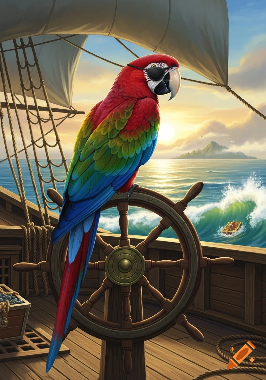 A vibrant parrot wearing a pirate eye patch sits on a ship's wheel on a wooden deck overlooking a sunset ocean.