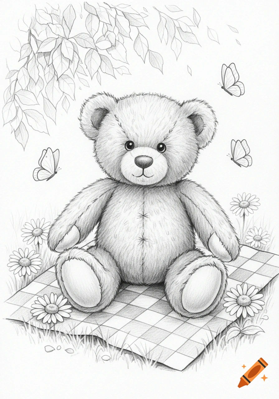 Pencil drawing of a fluffy teddy bear sitting on a checkered blanket with daisies and butterflies.