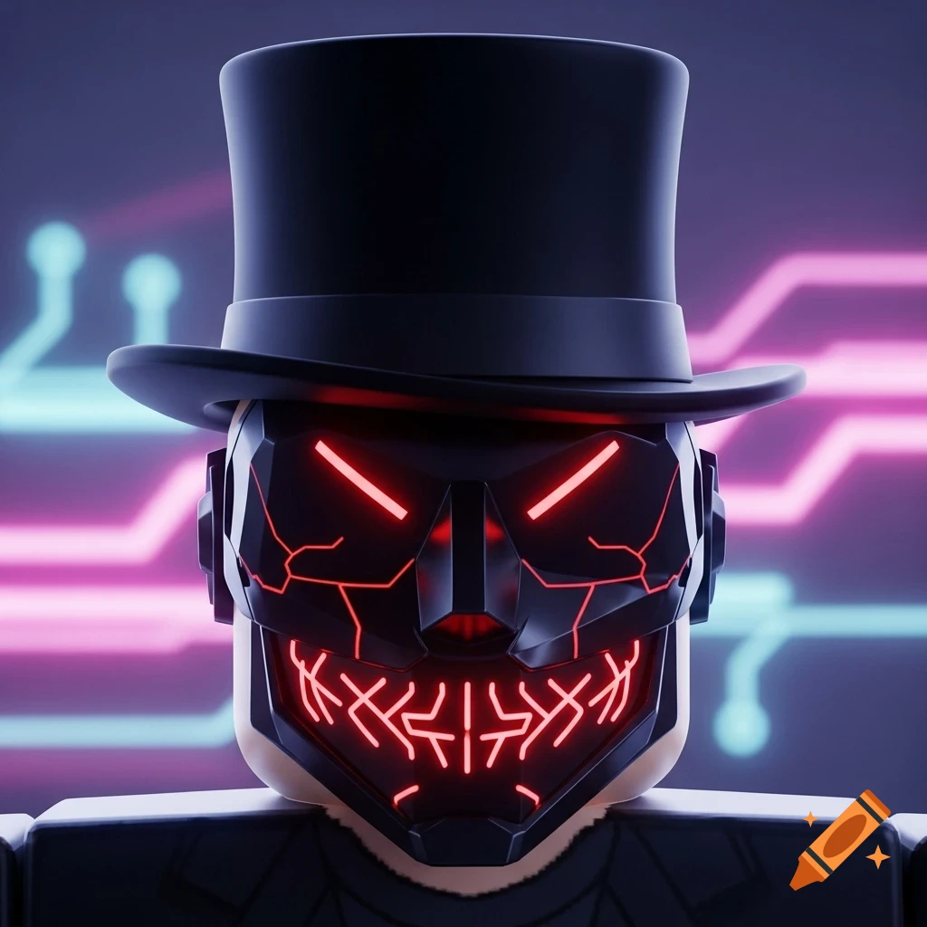 A black and red cyber mask in Roblox style, with glowing red eyes and a stitched mouth effect, wearing a black tophat.