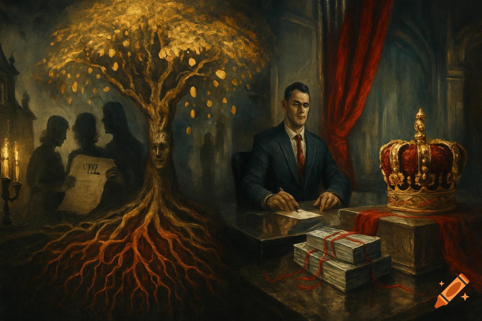 A surreal painting of a man at a desk with money and a crown, next to a tree with roots like veins and golden leaves, and shadowy figures.