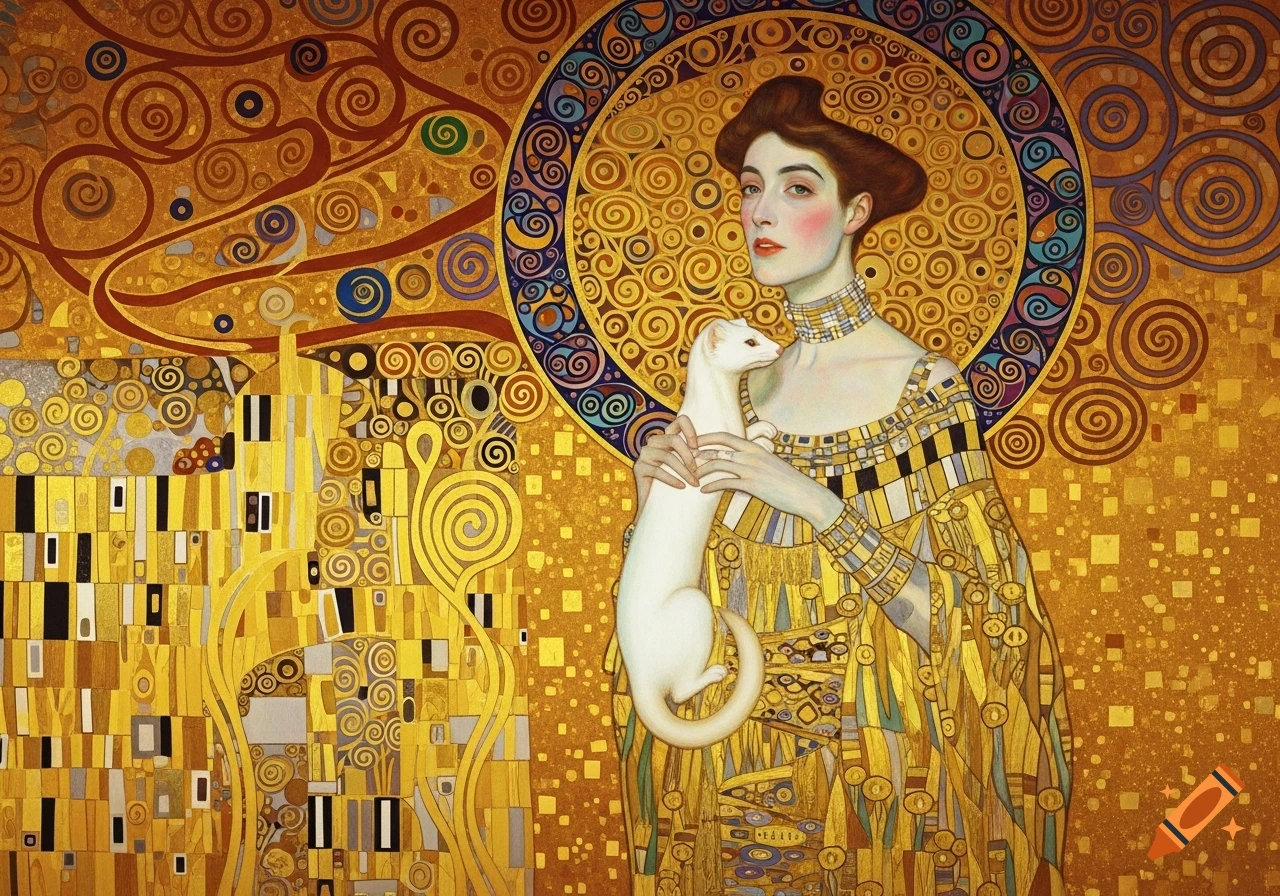 A woman in a gold patterned dress holds a white ermine against an elaborate gold background in the style of Gustav Klimt.