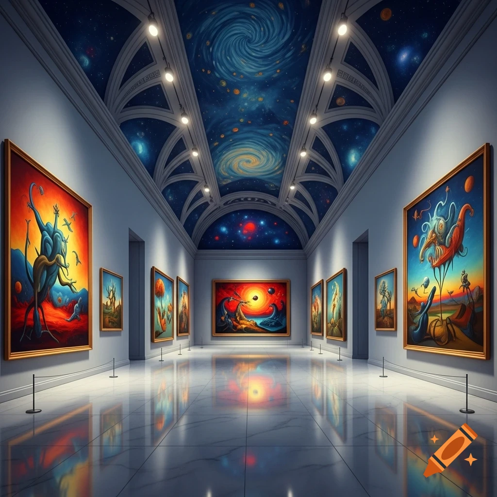 An ornate art museum hall with a vaulted, starry galaxy ceiling, showcasing multiple colorful surreal paintings on the walls, reflected on a polished marble floor.
