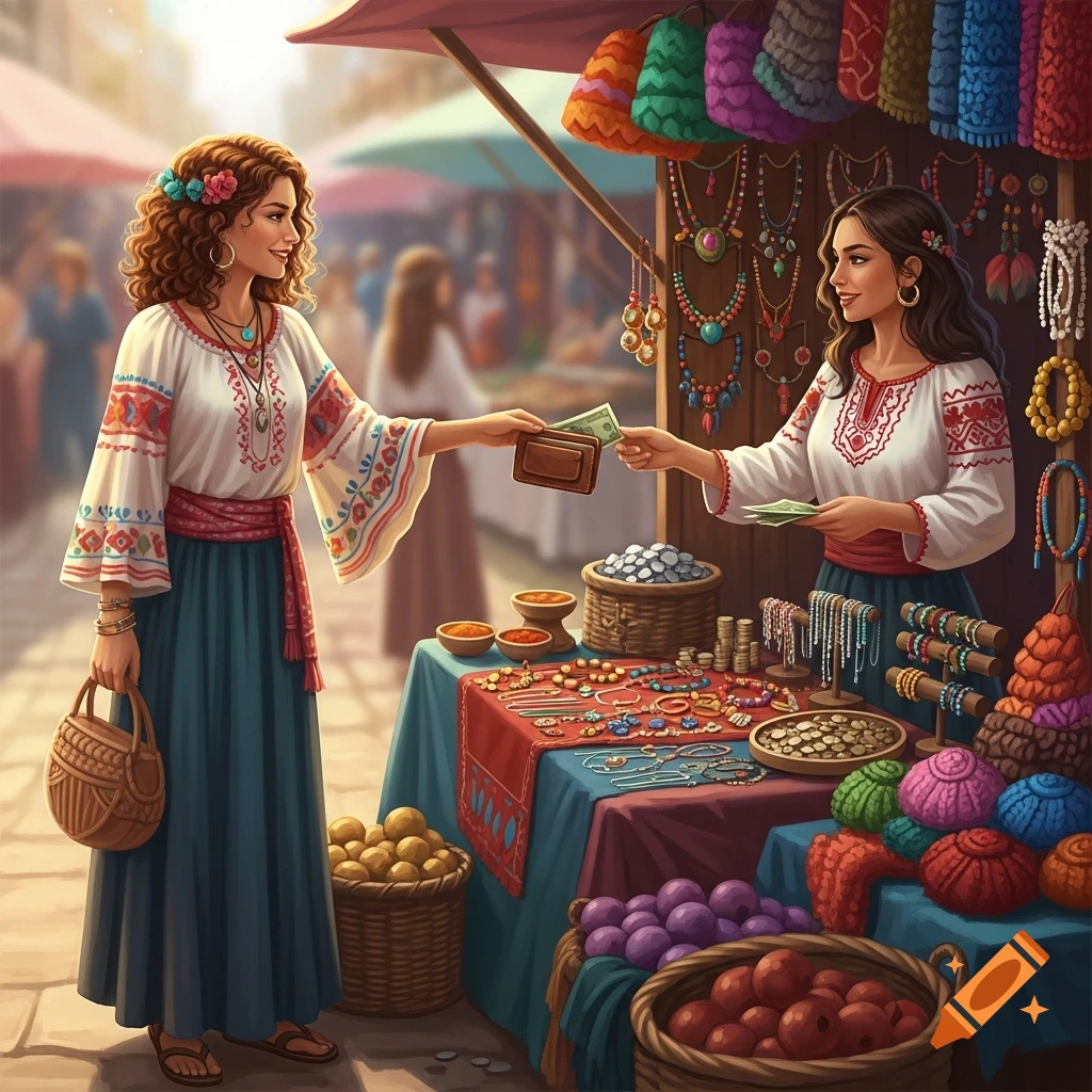 Two women in traditional attire at a vibrant outdoor market stall, one paying money to the other who is selling jewelry and crafts.