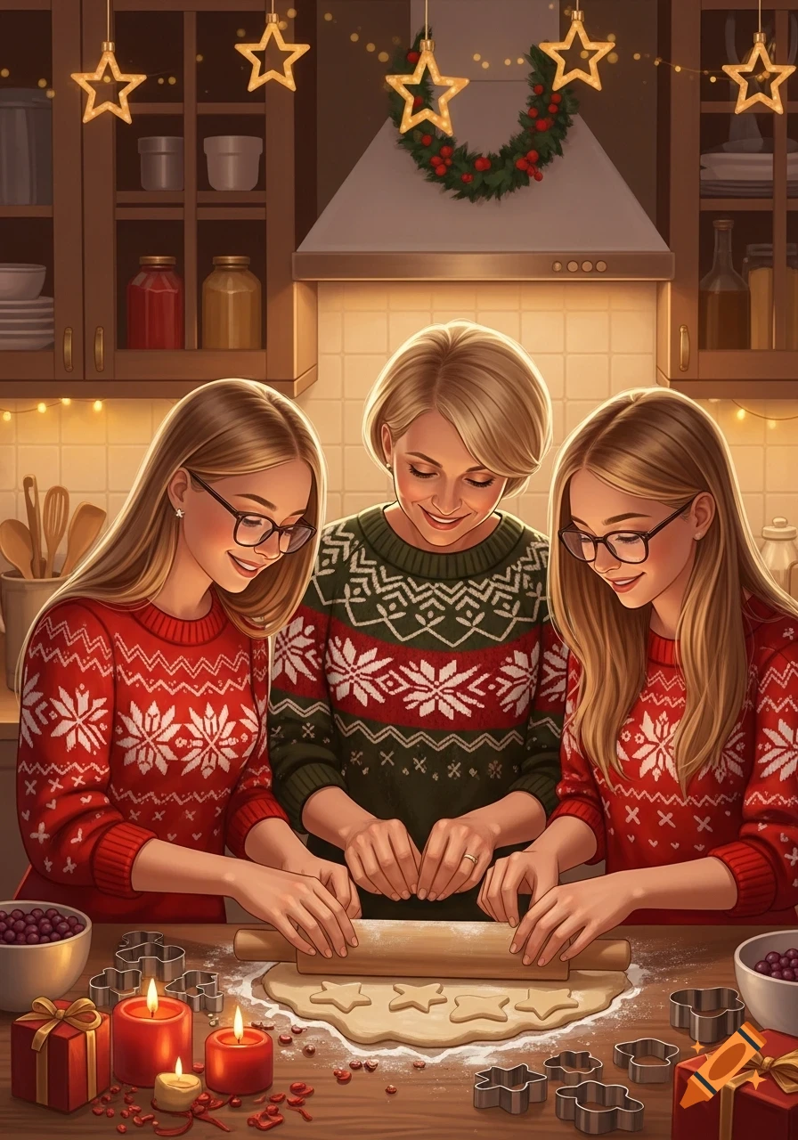 An illustrated image of a mother and two blonde daughters in Christmas sweaters, baking star-shaped cookies in a festive kitchen.