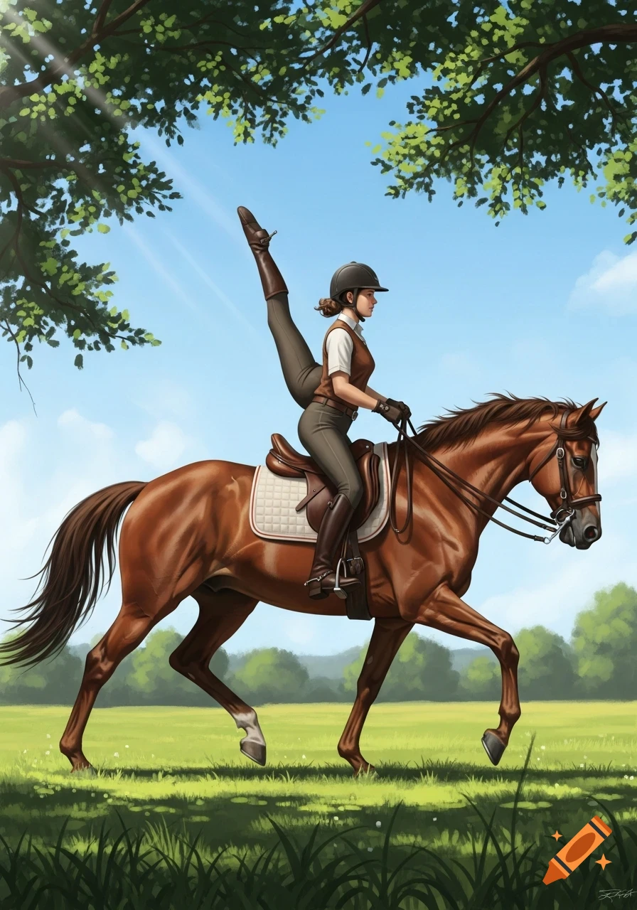 An illustration of a woman in riding gear stretching her leg high while on a brown horse in a sunny, grassy field.