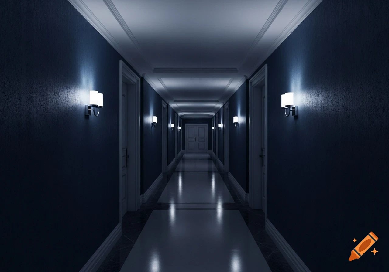 A long, dimly lit hotel hallway with dark blue walls, white trim, and doors. Wall sconces cast light down the polished, tiled floor.