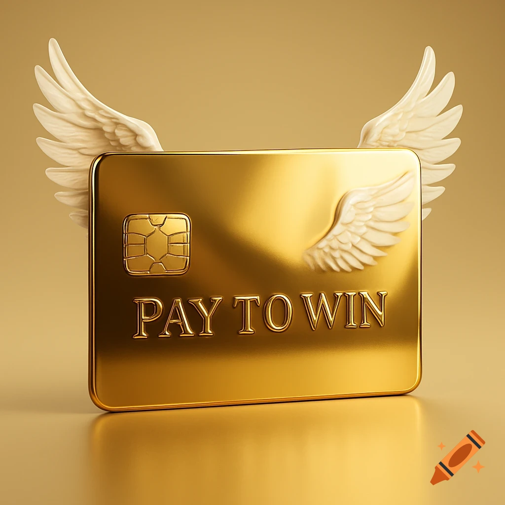 A shiny golden credit card with white wings on its sides and the embossed text "PAY TO WIN" sits on a reflective gold surface.