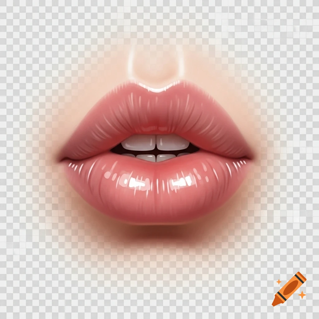 Close-up of glossy pink lips slightly open, showing teeth, on a transparent background.