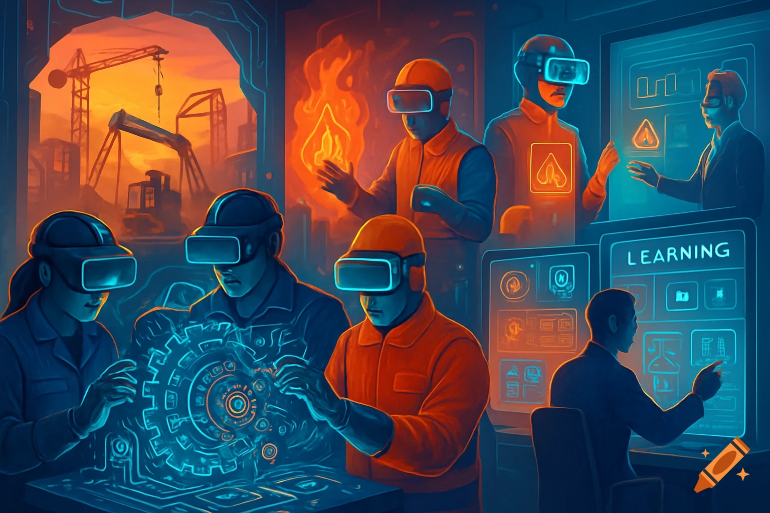 Futuristic illustration of diverse people using VR headsets for professional training in simulated industrial, safety, and digital environments.
