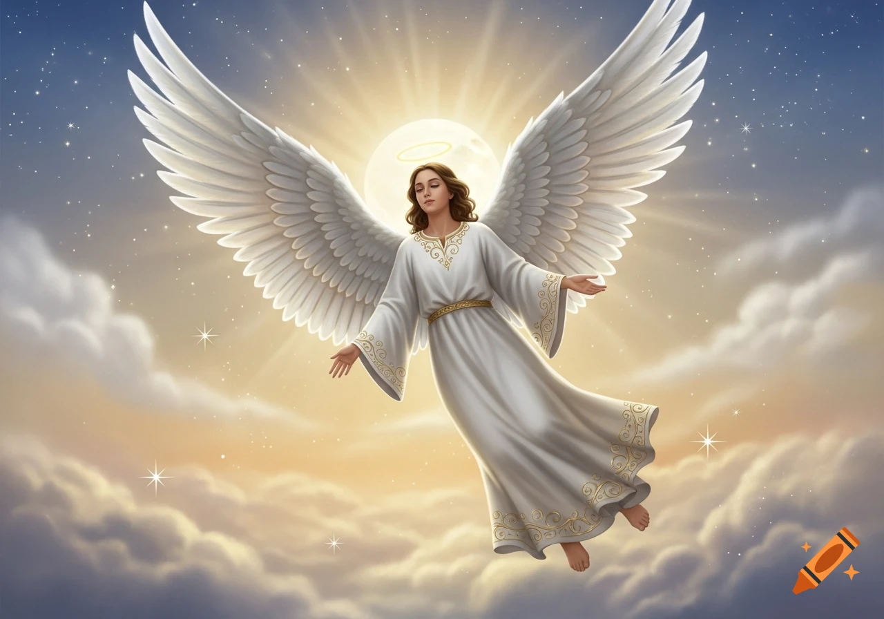 A serene angel with large white wings, halo, and white gown floats in a heavenly sky with clouds and stars.