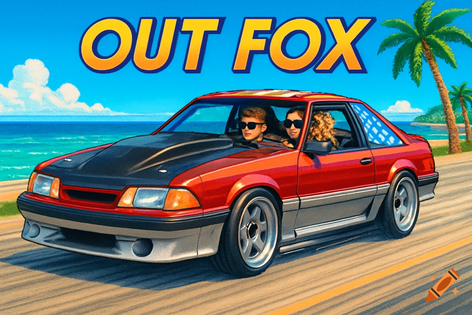 A retro-style illustration of a red 1990 Mustang GT with two people driving on a coastal road, with "OUT FOX" text above.