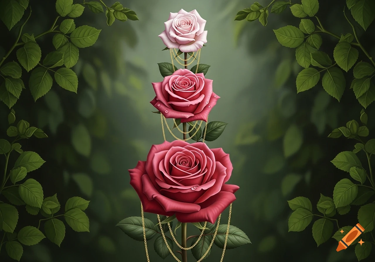 A pink rose at the top, followed by two red roses below, all on a central stem adorned with golden chains, set against a blurred background of green foliage.