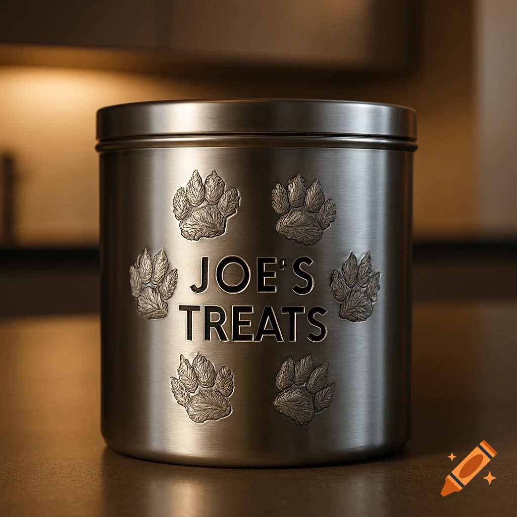 Close-up of a brushed silver food canister with 'JOE'S TREATS' engraved, surrounded by paw prints.