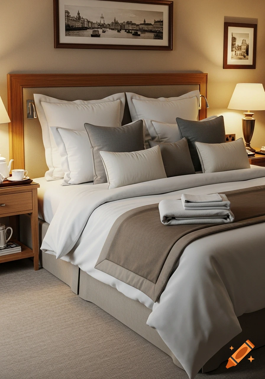 Photorealistic image of a luxurious hotel bedroom with a neatly made bed, white and gray pillows, warm lighting, and framed art.