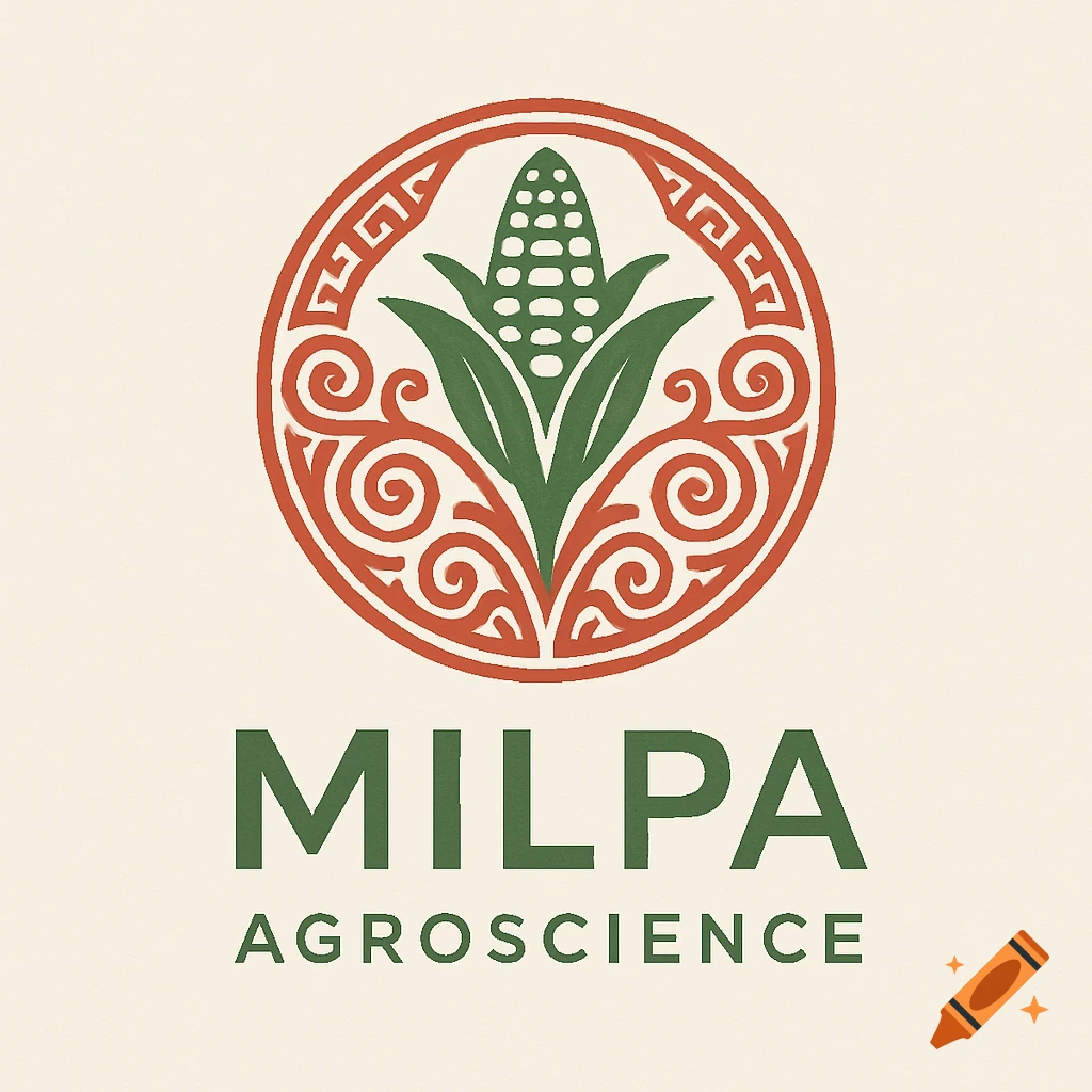 A green and red logo for Milpa Agroscience featuring a corn cob within an ornate circular border.