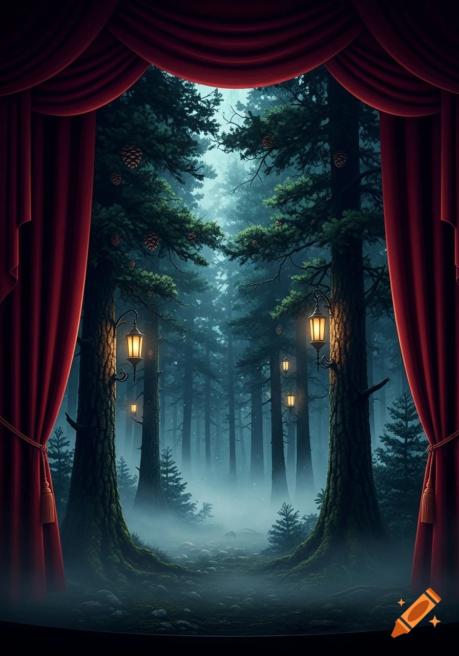 Red theater curtains open to a mystical forest with tall pine trees, fog, and glowing lanterns lining a path.