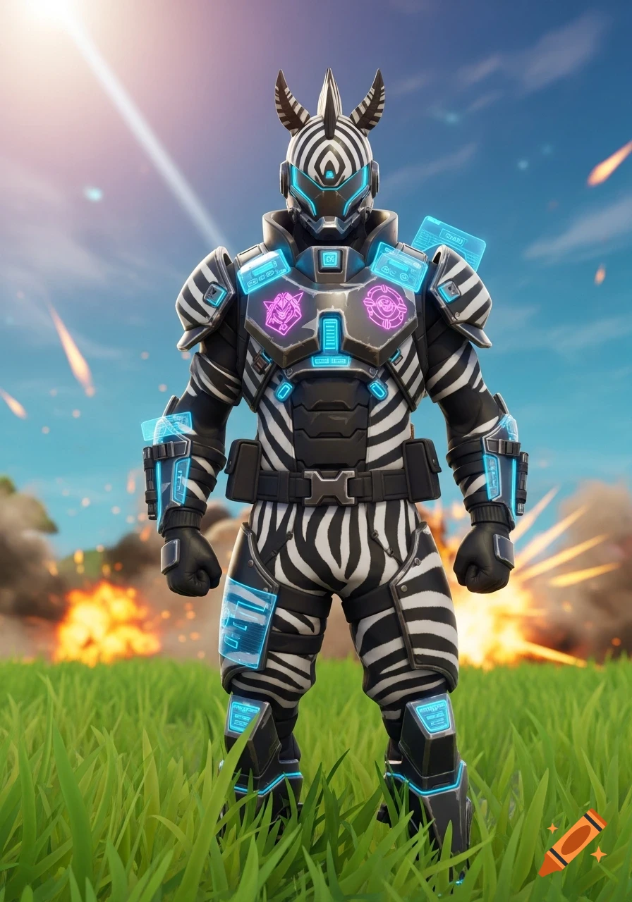 A Fortnite character in black and white zebra-striped futuristic armor with glowing blue and pink accents stands in a grassy field with explosions in the background.