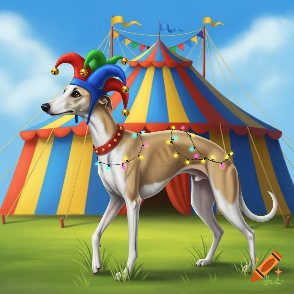 An illustration of a greyhound dog wearing a jester hat and string lights in front of a striped circus tent.