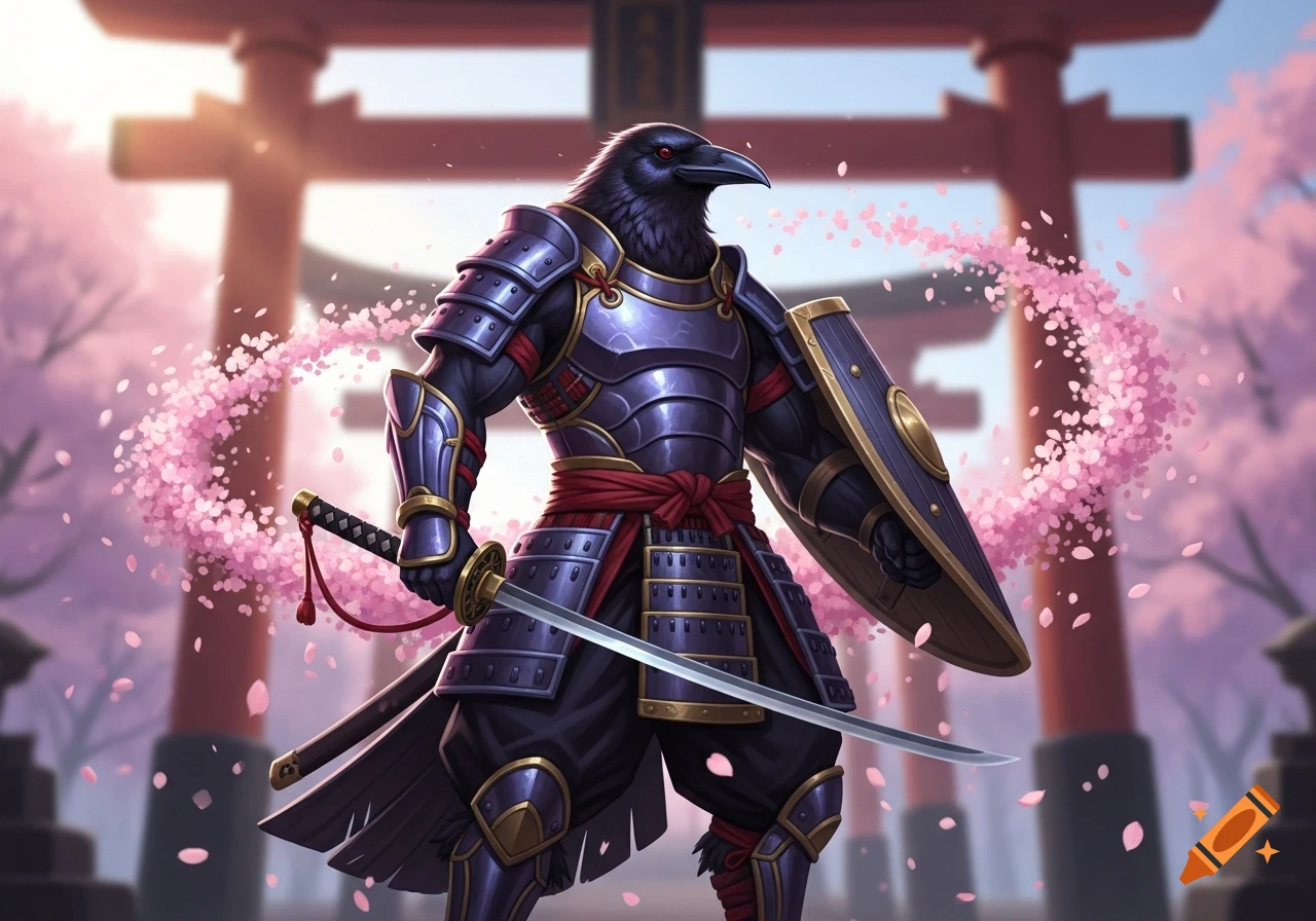 Muscular crow warrior in samurai armor holding a sword and shield amidst pink cherry blossoms and a torii gate, fantasy art style.