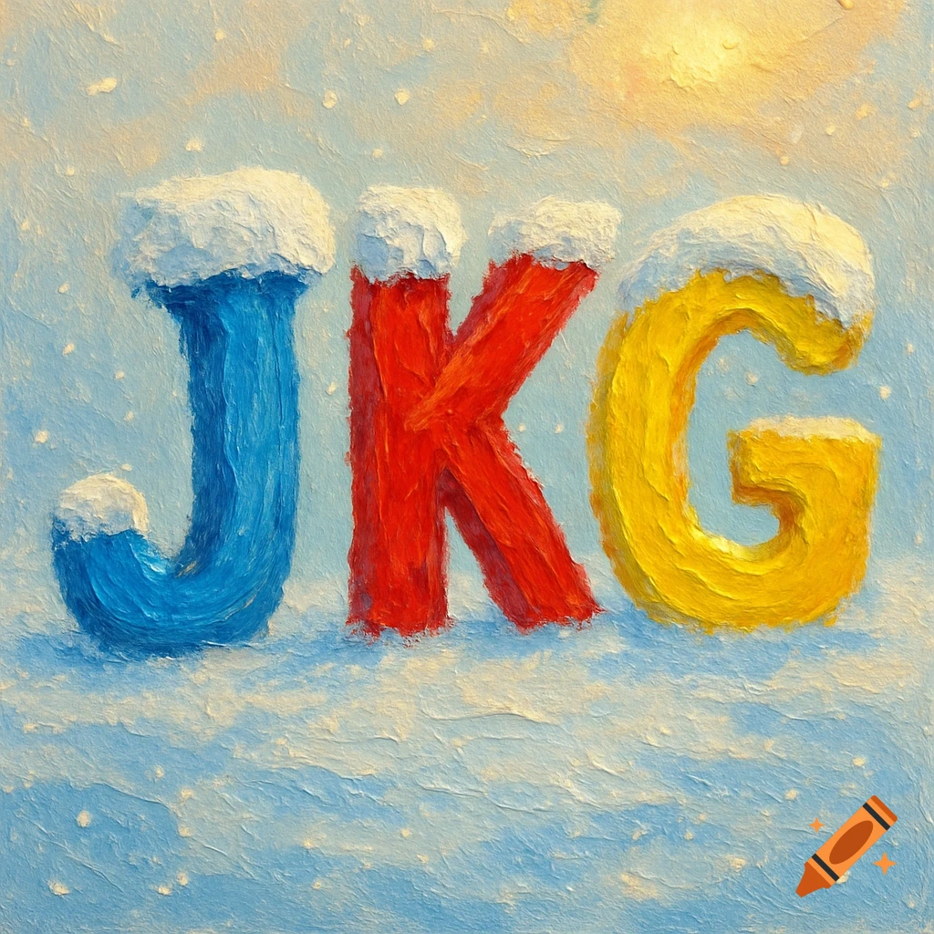 Three large, colorful letters J, K, G covered in snow, rendered in an acrylic painting style.