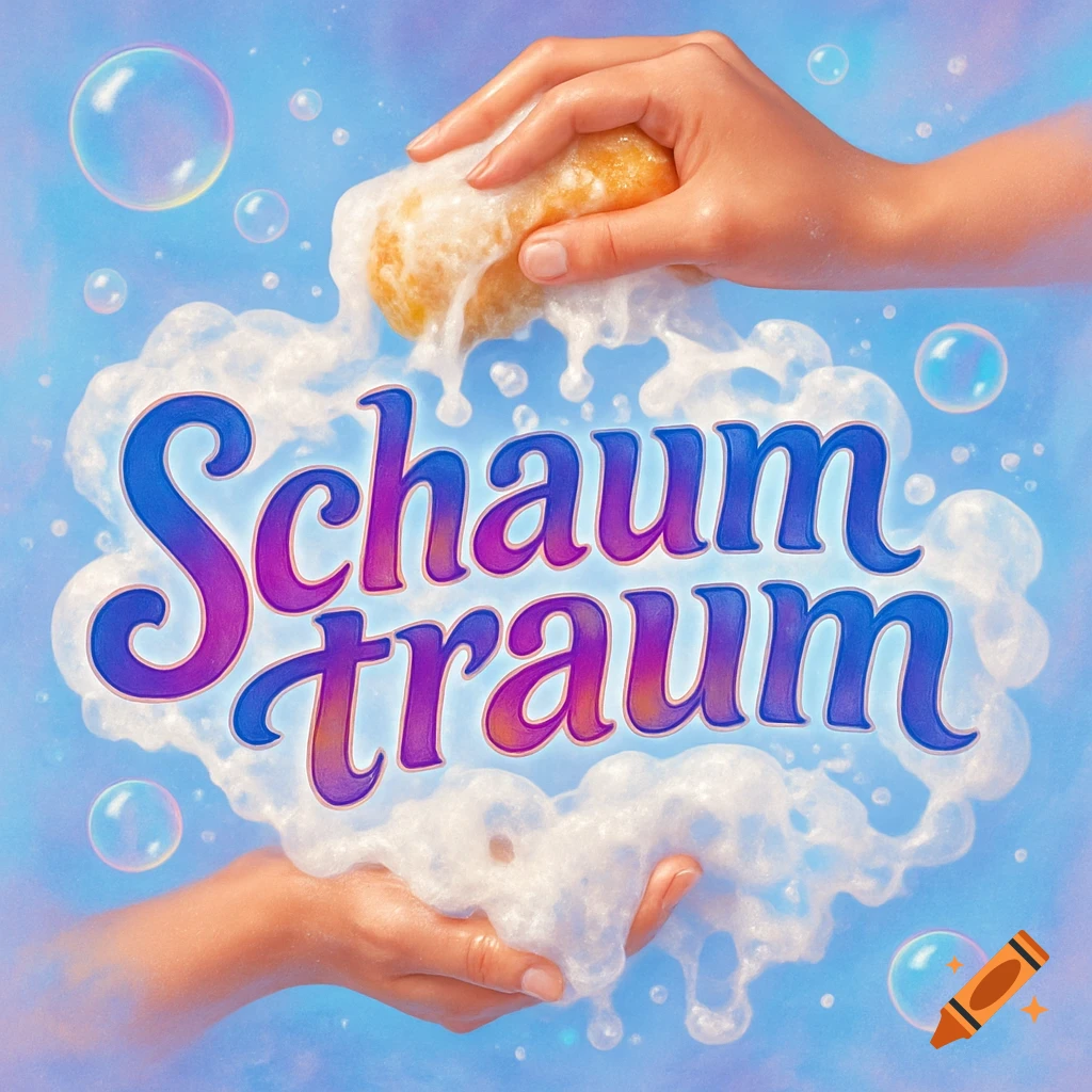 An illustration features hands squeezing a sponge, producing foam and bubbles around the stylized blue and purple text "Schaumtraum" on a light blue background.