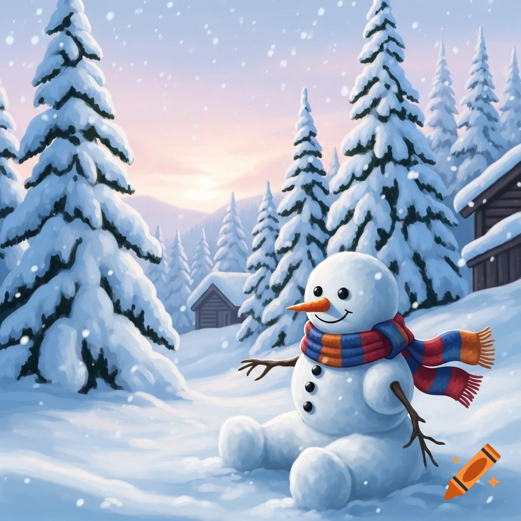 A smiling snowman with a striped scarf sits in a snowy forest with pine trees and cabins, depicted in a charming illustration.