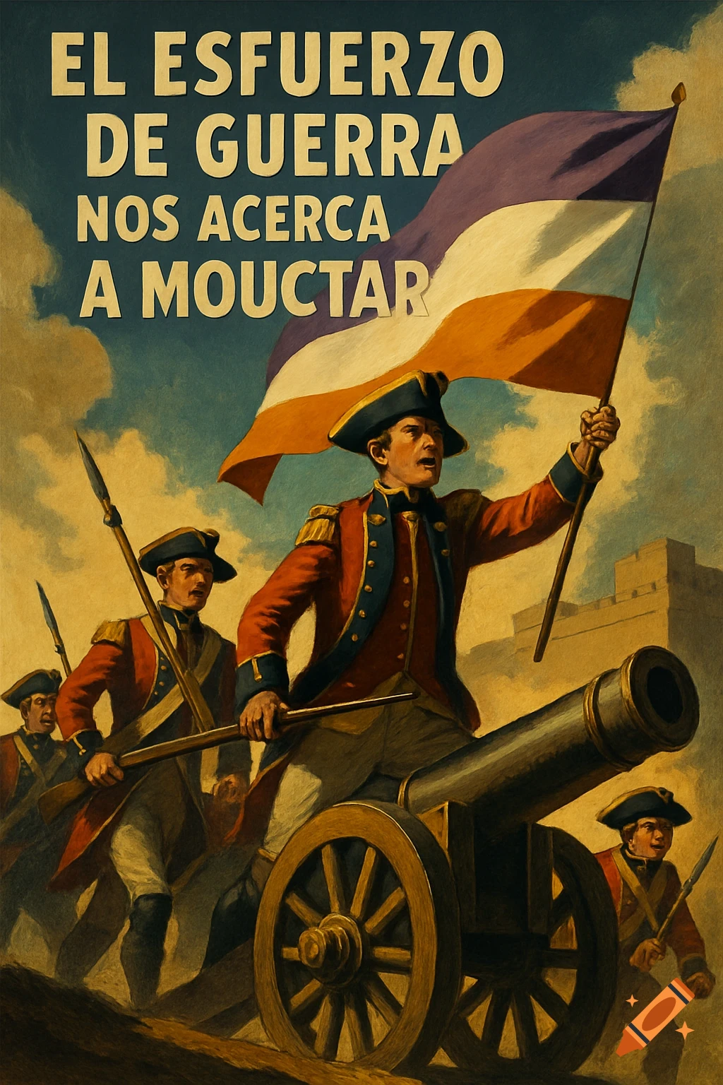 Vintage propaganda poster of 18th-century soldiers, cannon, and flag under text 'EL ESFUERZO DE GUERRA NOS ACERCA A MOUCTAR'.