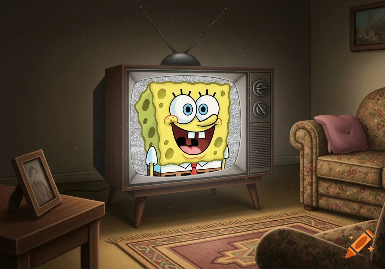 Spongebob Squarepants smiles on a static-filled vintage television in a dimly lit living room.