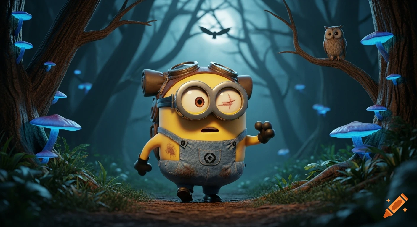 A Minion with a scratched eye and dirty overalls walks through a dark, mysterious forest with glowing blue mushrooms, an owl, and a raven.