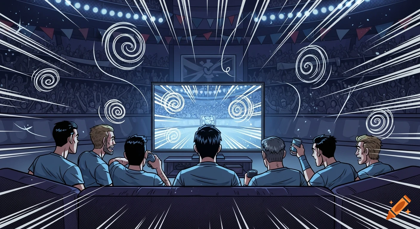 Six men watch an exciting game on a large TV from a couch, set in a dark comic-style arena with cheering spectators.