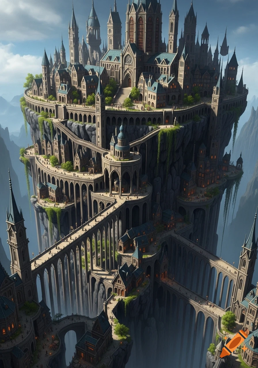 A sprawling, multi-tiered fantasy city built into a colossal cliff face ...