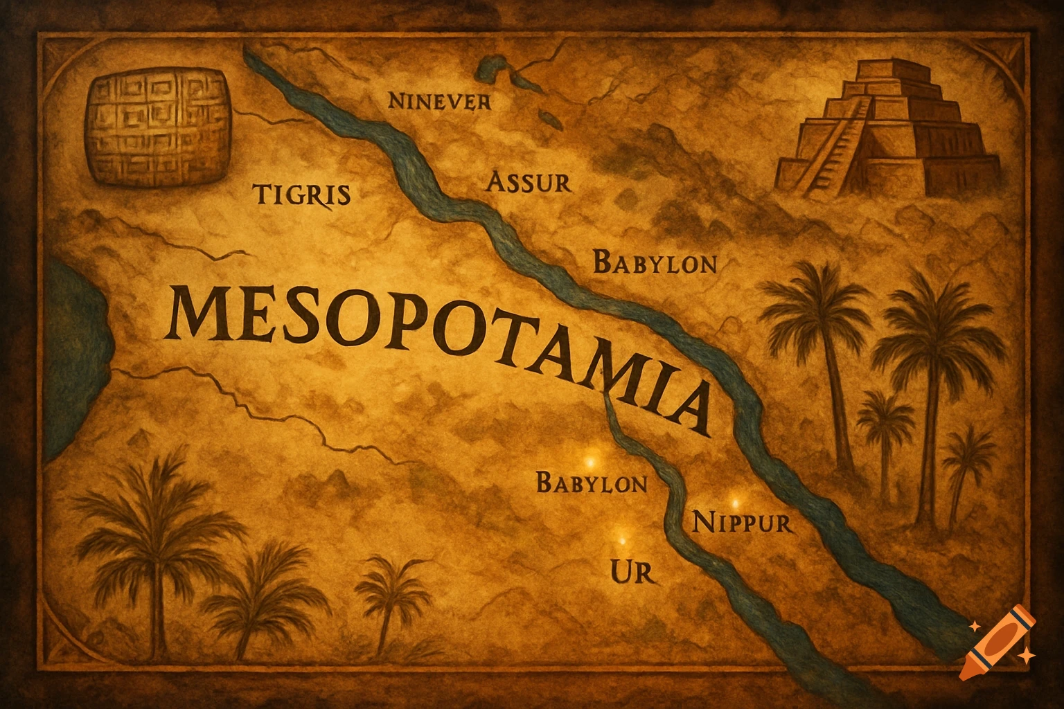 An aged, illustrated map of Mesopotamia with the Tigris and Euphrates rivers, ancient cities like Babylon, Nineveh, and a ziggurat.