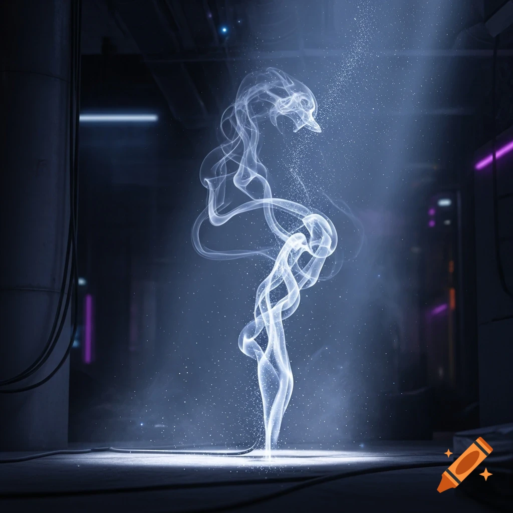 A luminous, swirling plume of white smoke rises from the ground in a dark, futuristic setting with glowing particles.