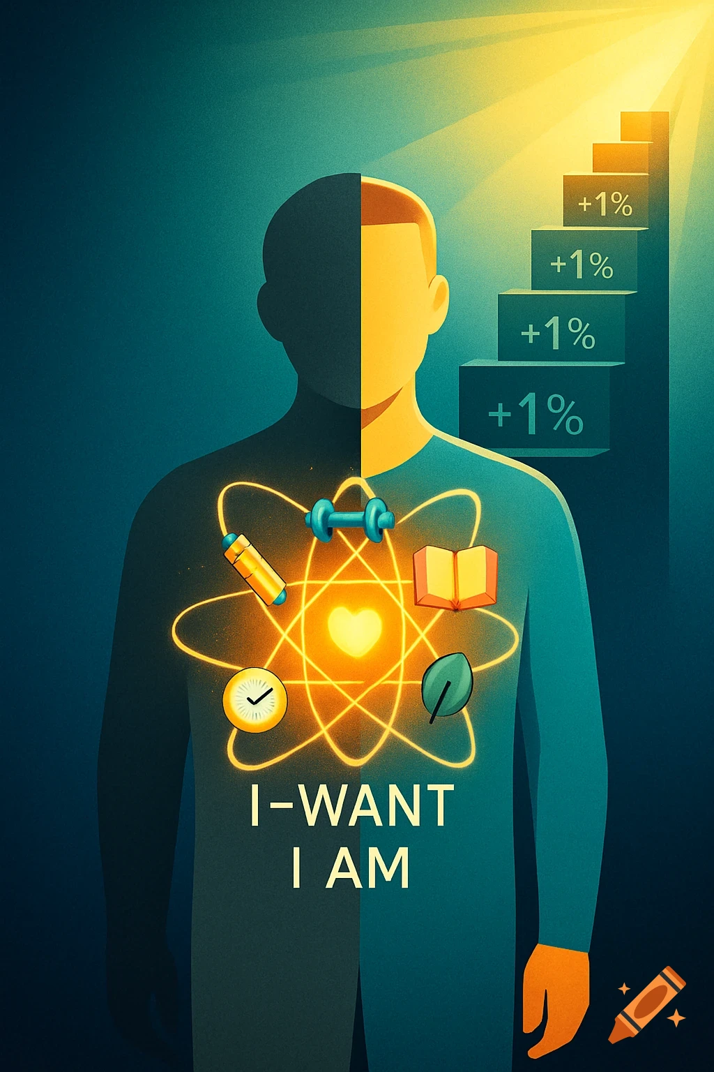 Motivational illustration of a split human silhouette with glowing icons, text I-WANT I AM, and a +1% staircase leading to light.