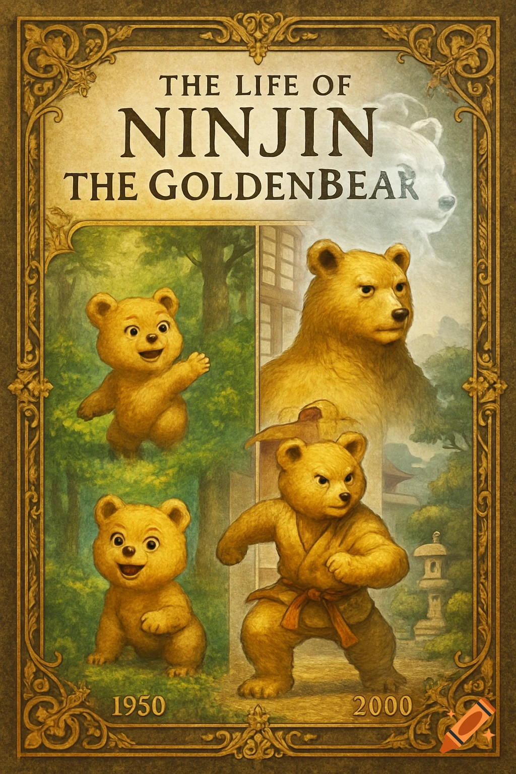 Illustrated book cover depicting the life of Ninjin the Goldenbear, showing a cub, a playful bear, a martial arts bear, and a spectral elder bear, with dates 1950 and 2000.
