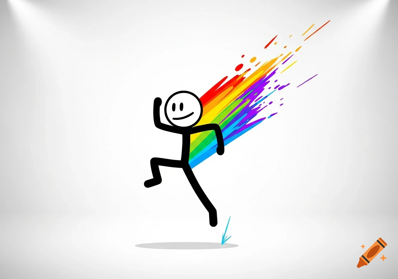 A black stick figure runs forward, leaving a vibrant rainbow paint splash trail behind it on a white background.