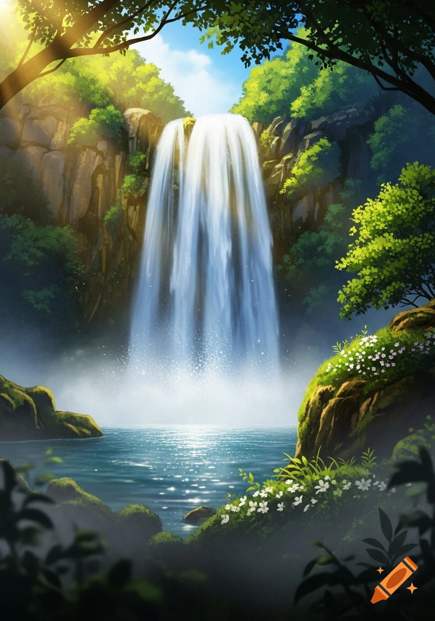 A vibrant anime-style landscape featuring a large waterfall cascading into a clear lake, surrounded by lush green trees and sunlight.