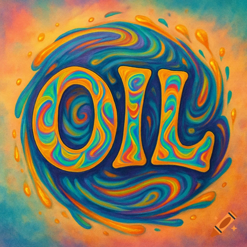 Colorful, swirling psychedelic art spelling "OIL" in bold, stylized letters against an orange and blue background.