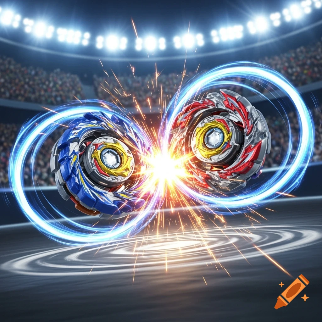 Two blue and red spinning tops clash in a bright stadium, creating sparks and energy rings.