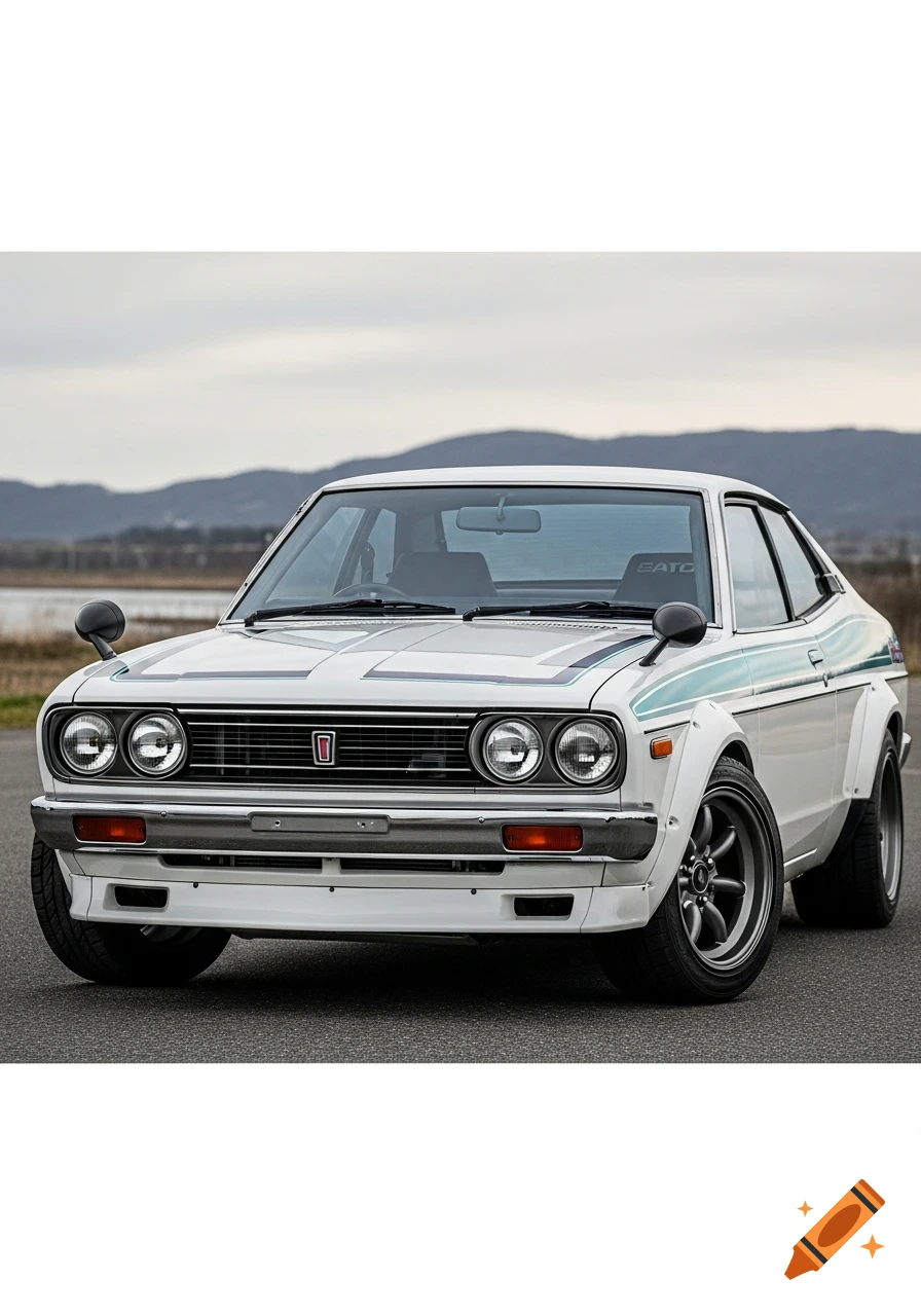 Front angle view of a white Datsun Stanza A10 coupe with wide wheel arches and dark grey 6-spoke wheels on asphalt.