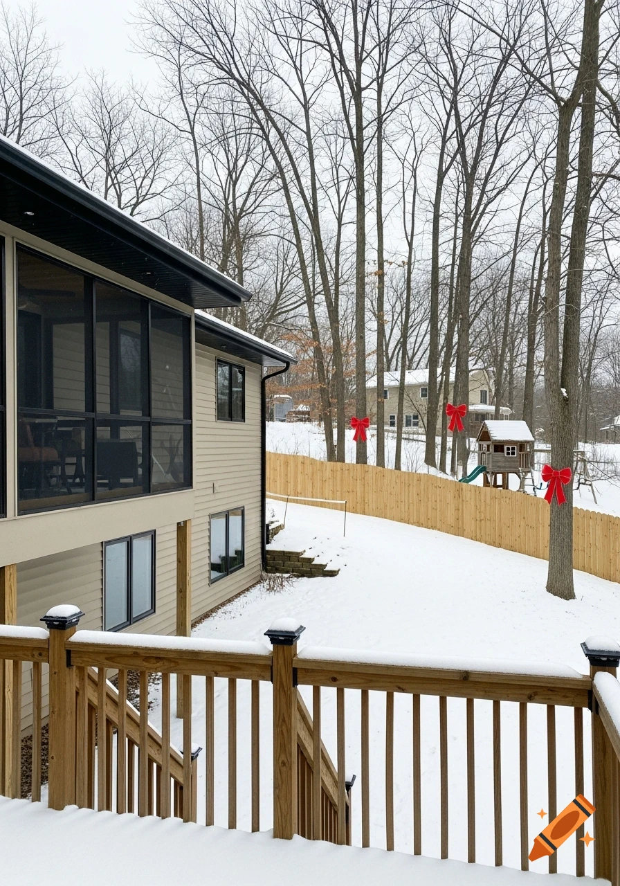 A snow-covered backyard with a two-story house, a wooden fence, bare trees with red bows, and a small playground, viewed from a deck in winter.