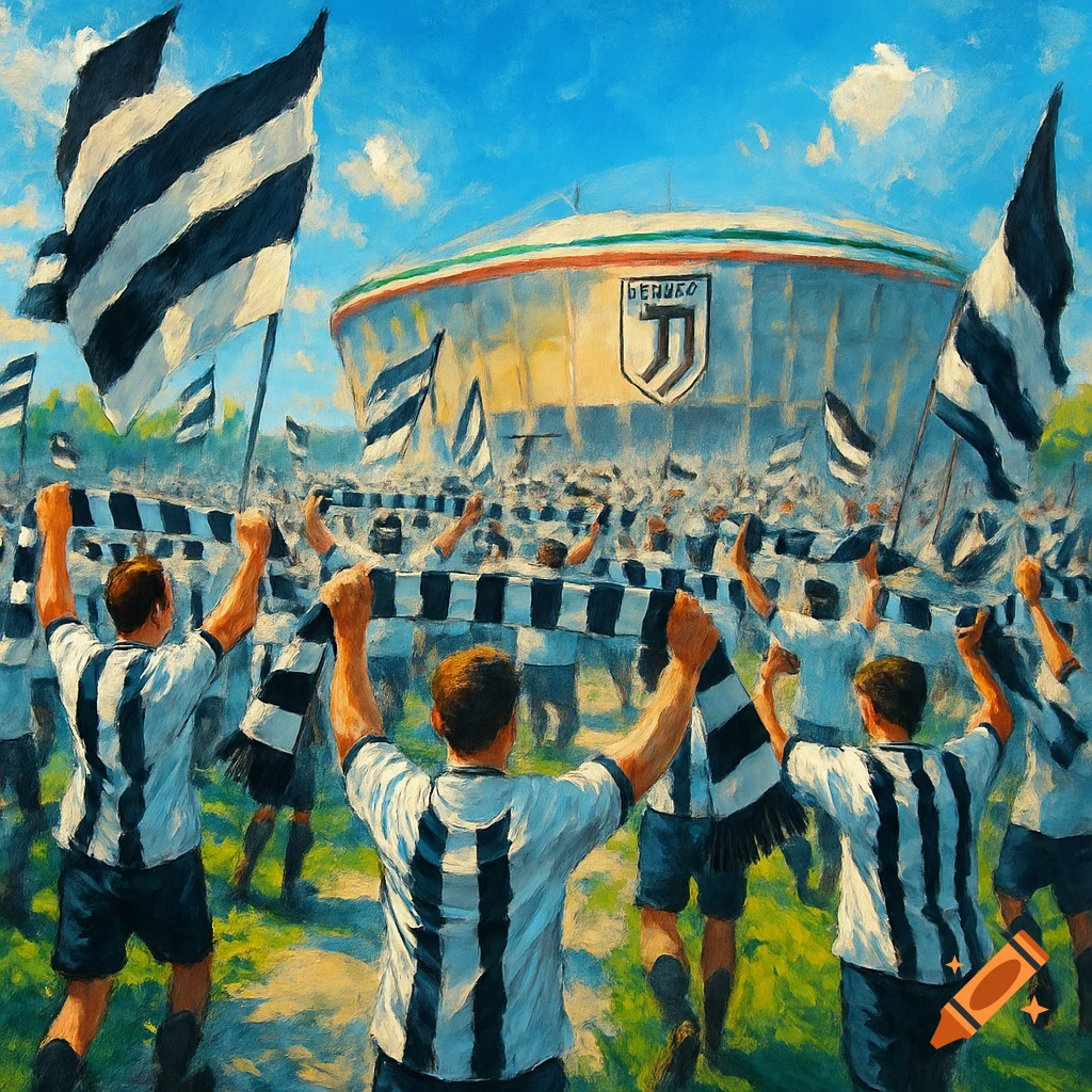 Oil painting of soccer fans with black and white striped shirts and scarves marching towards a stadium under a blue sky.