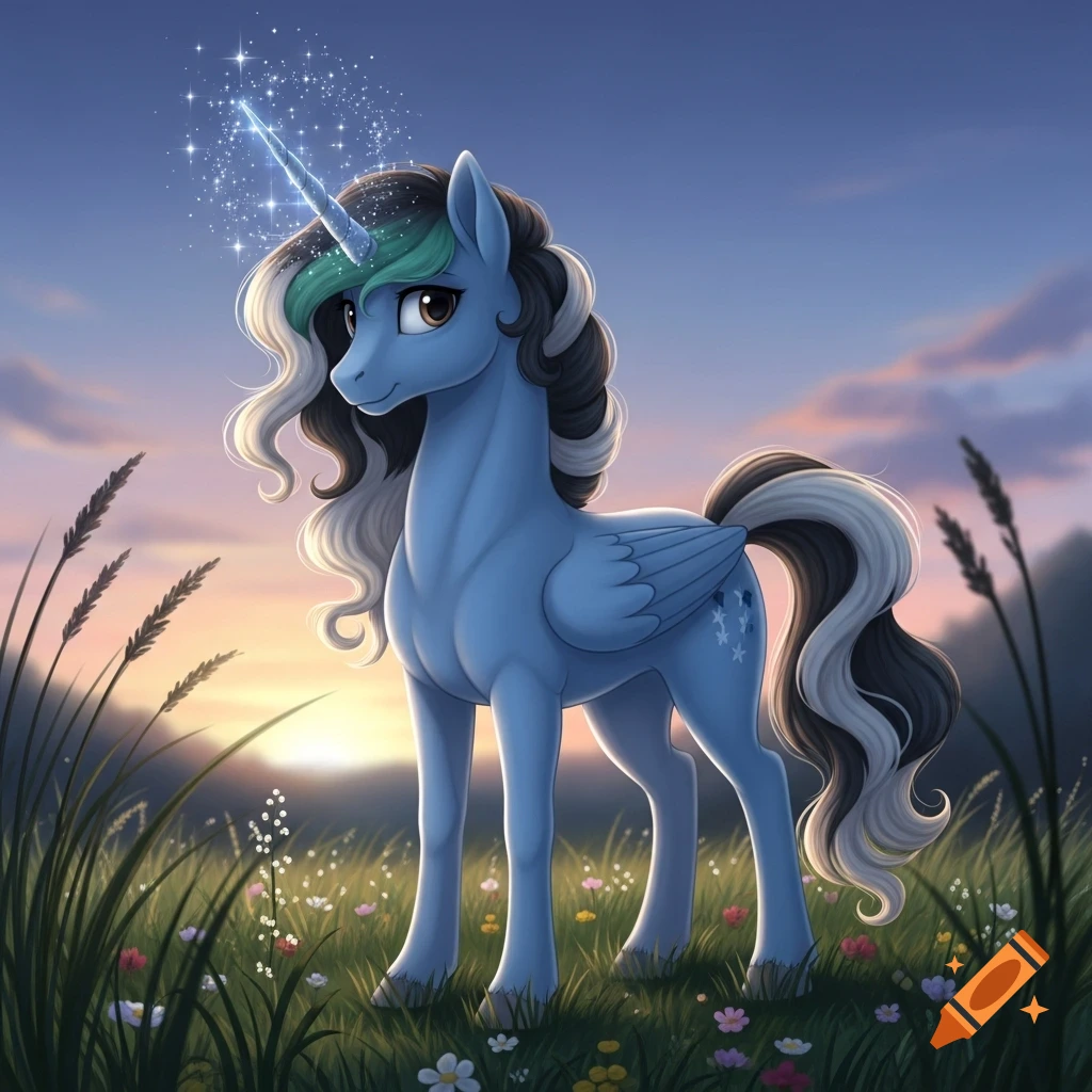 A sky blue unicorn pony with a sparkling horn and wavy dark and white mane stands in a field of wildflowers at sunset.