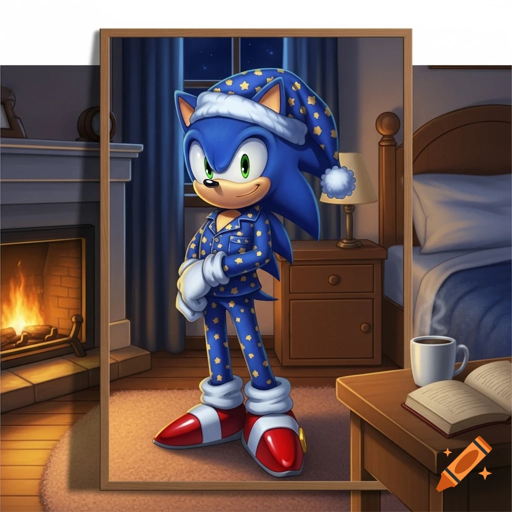 Sonic the Hedgehog in blue star-patterned pajamas and a nightcap, standing in a cozy animated bedroom with a fireplace.