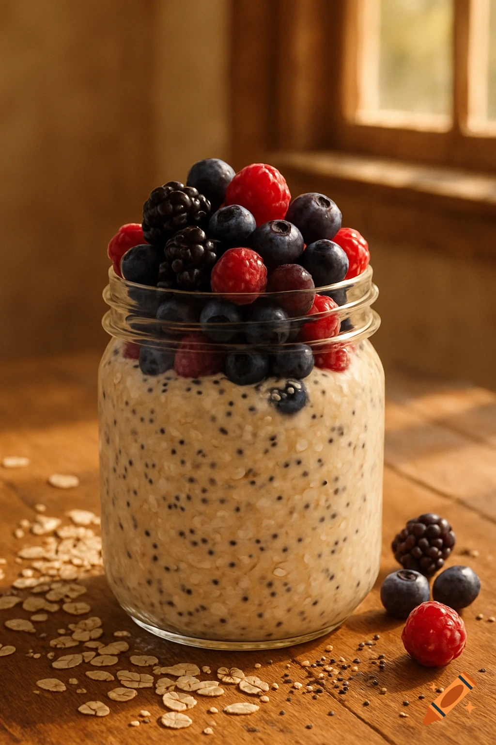Overnight oats with blueberries, raspberries, and blackberries in a glass jar on a wooden table.