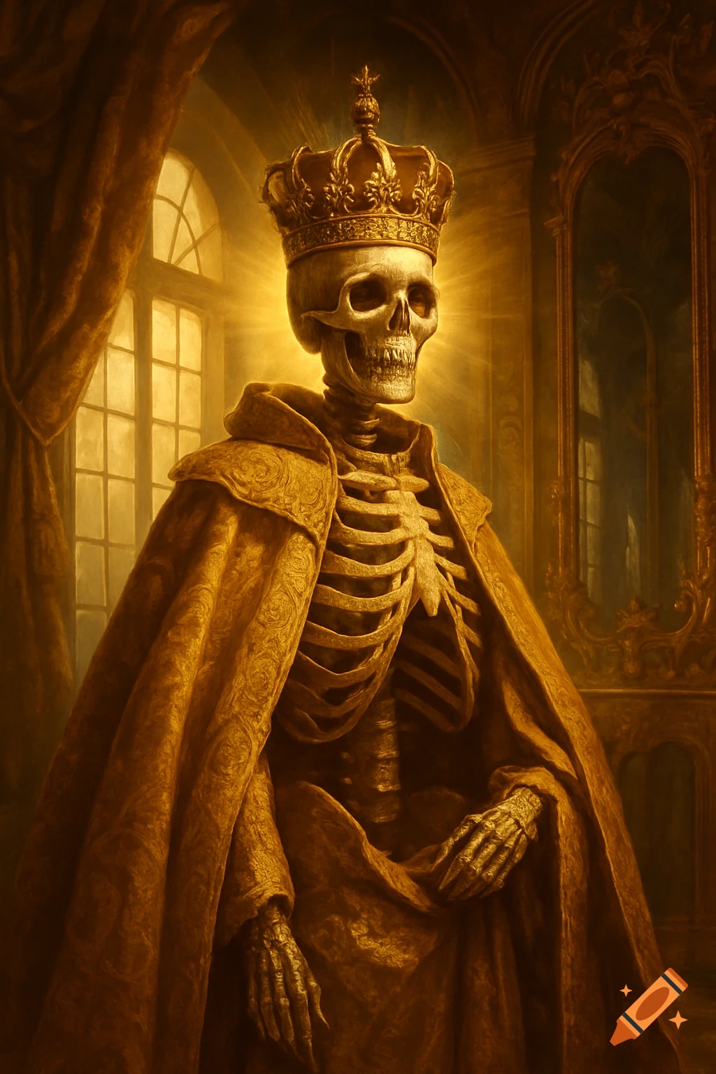 A regal skeleton king in ornate golden robes and crown stands in a sunlit, opulent room, rendered in a dark fantasy painting style.