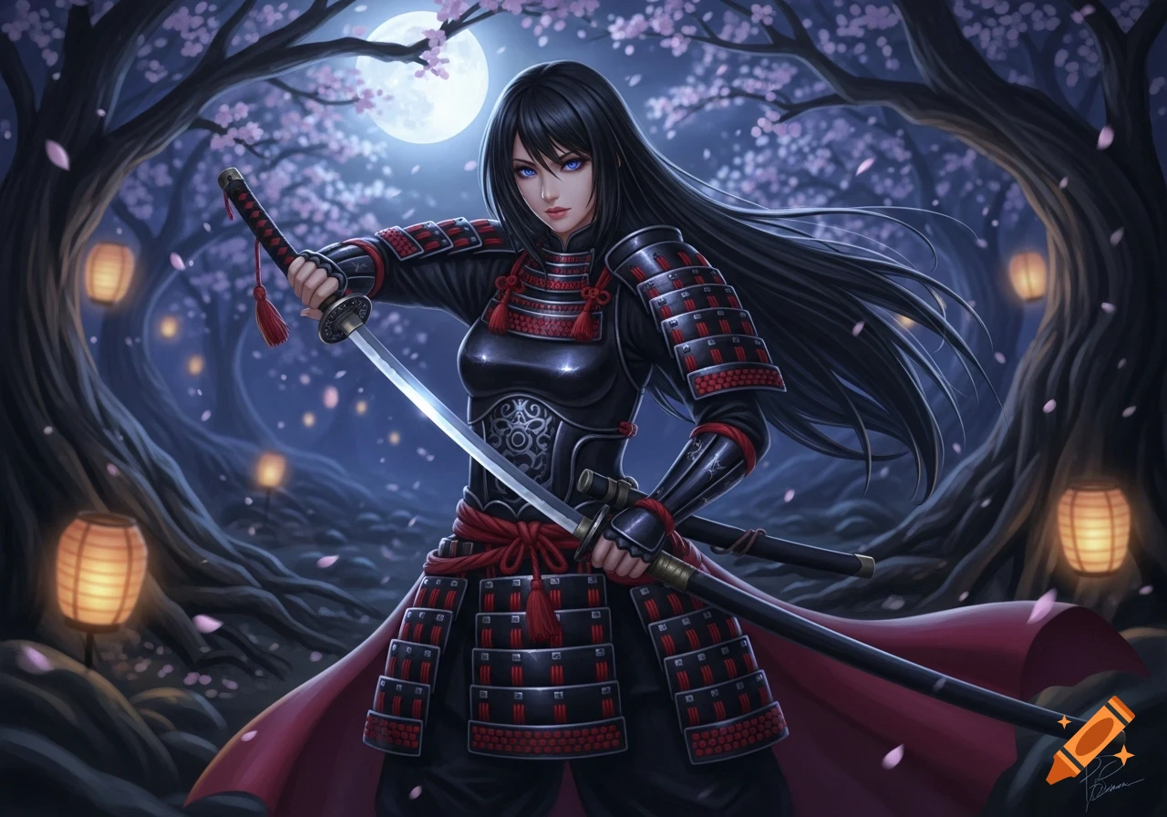 A female samurai with black hair and blue eyes, clad in black and red armor, holds a katana in a moonlit forest with cherry blossoms and lanterns.